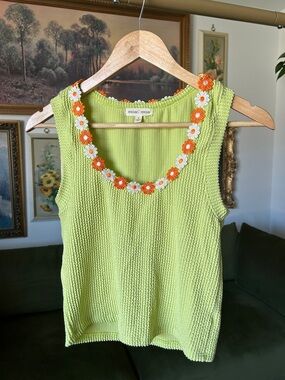 Moa Moa Lime Green Knit Tank with Orange & White Daisy Trim
